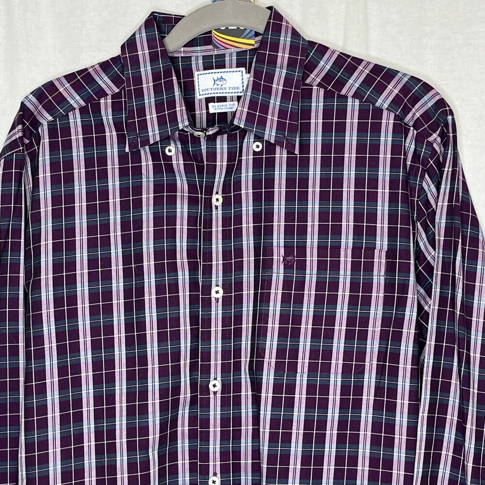Southern Tide Men Purple Green Plaid Button Front Shirt Size Medium Classic Fit